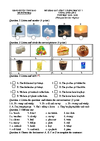 Đề thi khảo sát chất lượng học kỳ I Tiếng Anh Lớp 4 (Wonderful World) - Năm học 2024-2025 - UBND huyện Vĩnh Bảo (Có đáp án + File nghe)