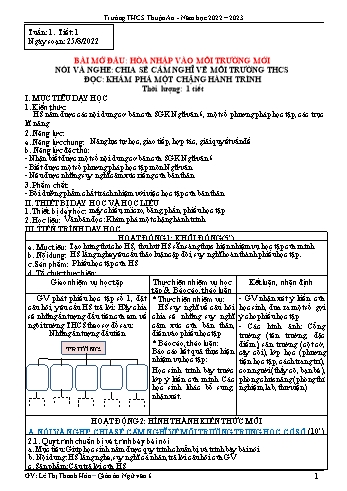 Giáo án Ngữ văn 6 Sách Chân trời sáng tạo - Tiết 1 + 2. Bài mở đầu: Hòa nhập vào môi trường mới - Năm học 2022-2023 - Lê Thị Thanh Hóa