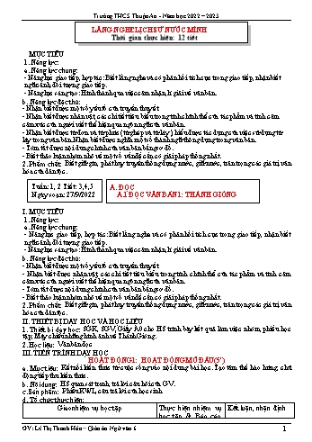 Giáo án Ngữ văn 6 Sách Chân trời sáng tạo - Tiết 3 đến 14. Bài 1: Lắng nghe lịch sử nước mình - Năm học 2022-2023 - Lê Thị Thanh Hóa