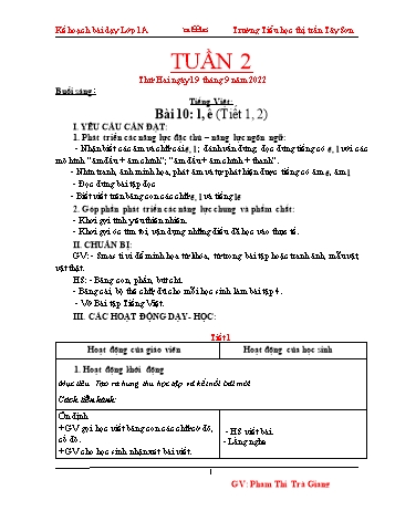 Kế hoạch bài dạy các môn Lớp 1 - Tuần 2 - Năm học 2022-2023 - Phạm Thị Trà Giang