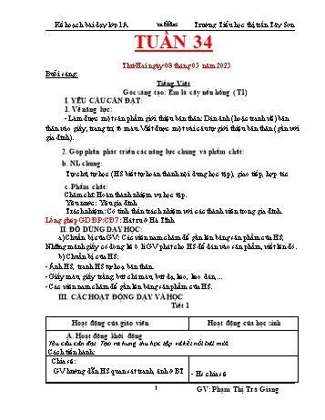 Kế hoạch bài dạy các môn Lớp 1 - Tuần 34 - Năm học 2022-2023 - Phạm Thị Trà Giang