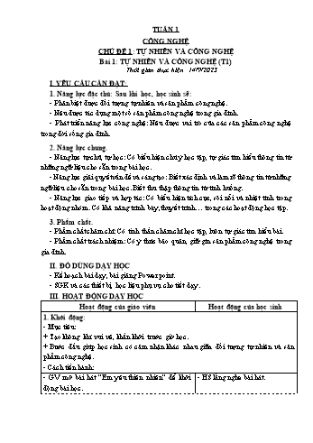 Kế hoạch bài dạy Công nghệ Lớp 3 (Kết nối tri thức) - Tuần 1. Bài 1: Tự nhiên và công nghệ - Năm học 2023-2024 - Đoàn Thị Ngọc Mùi