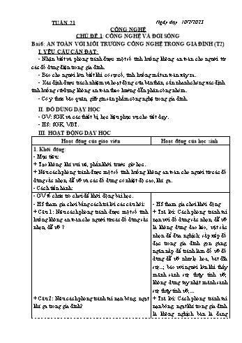 Kế hoạch bài dạy Công nghệ Lớp 3 Sách Cánh diều - Tuần 21. Bài 6: An toàn với môi trường công nghệ trong gia đình - Năm học 2022-2023 - Đoàn Thị Ngọc Mùi