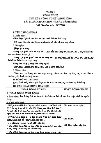 Kế hoạch bài dạy Công nghệ Lớp 4 Sách Cánh diều - Tuần 1. Bài 1: Lợi ích của hoa và cây cảnh - Năm học 2023-2024 - Đoàn Thị Ngọc Mùi