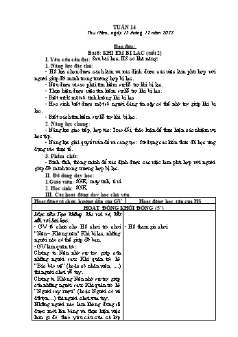 Kế hoạch bài dạy Đạo đức Lớp 2 Sách Cánh diều - Tuần 14. Bài 6: Khi em bị lạc (Tiết 2) - Năm học 2022-2023 - Phạm Thị Bích Liễu