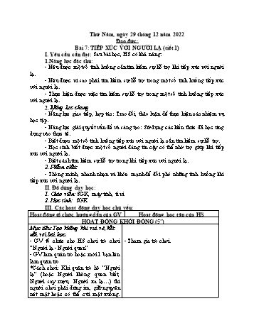 Kế hoạch bài dạy Đạo đức Lớp 2 Sách Cánh diều - Tuần 16. Bài 7: Tiếp xúc với người lạ (Tiết 1) - Năm học 2022-2023 - Phạm Thị Bích Liễu