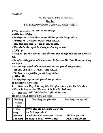 Kế hoạch bài dạy Đạo đức Lớp 2 Sách Cánh diều - Tuần 19. Bài 8: Bảo quản đồ dùng cá nhân (Tiết 1) - Năm học 2022-2023 - Phạm Thị Bích Liễu