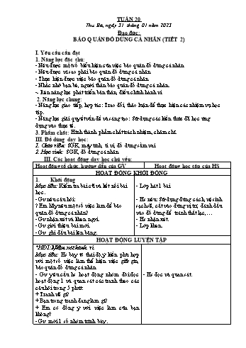 Kế hoạch bài dạy Đạo đức Lớp 2 Sách Cánh diều - Tuần 20: Bảo quản đồ dùng cá nhân (Tiết 2) - Năm học 2022-2023 - Phạm Thị Bích Liễu