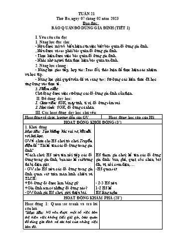 Kế hoạch bài dạy Đạo đức Lớp 2 Sách Cánh diều - Tuần 21: Bảo quản đồ dùng gia đình (Tiết 1) - Năm học 2022-2023 - Phạm Thị Bích Liễu