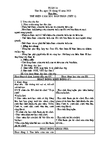 Kế hoạch bài dạy Đạo đức Lớp 2 Sách Cánh diều - Tuần 24: Thể hiện cảm xúc bản thân (Tiết 1) - Năm học 2022-2023 - Phạm Thị Bích Liễu