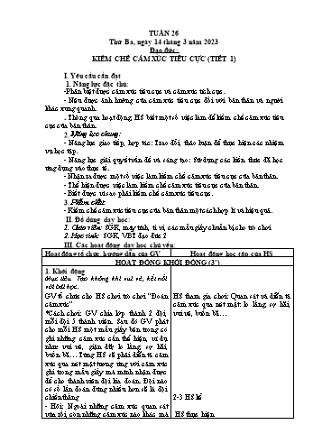 Kế hoạch bài dạy Đạo đức Lớp 2 Sách Cánh diều - Tuần 26: Kiềm chế cảm xúc tiêu cực (Tiết 1) - Năm học 2022-2023 - Phạm Thị Bích Liễu