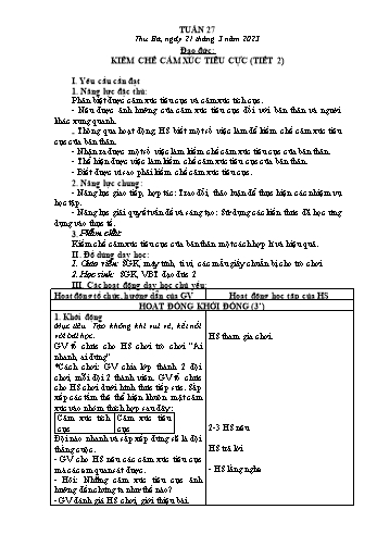 Kế hoạch bài dạy Đạo đức Lớp 2 Sách Cánh diều - Tuần 27: Kiềm chế cảm xúc tiêu cực (Tiết 2) - Năm học 2022-2023 - Phạm Thị Bích Liễu