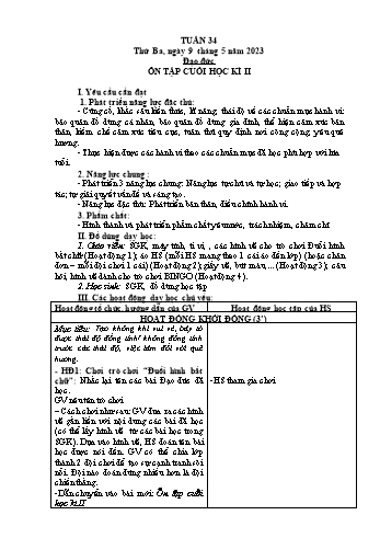 Kế hoạch bài dạy Đạo đức Lớp 2 Sách Cánh diều - Tuần 34: Ôn tập cuối học kì II - Năm học 2022-2023 - Phạm Thị Bích Liễu