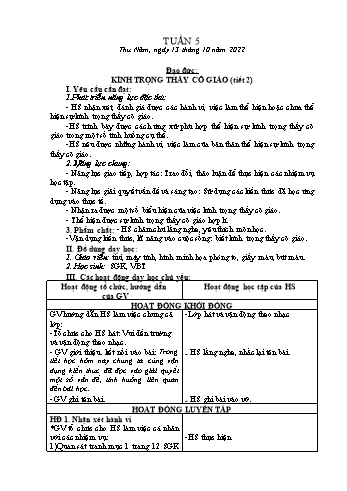 Kế hoạch bài dạy Đạo đức Lớp 2 Sách Cánh diều - Tuần 5: Kính trọng thầy cô giáo (Tiết 2) - Năm học 2022-2023 - Phạm Thị Bích Liễu