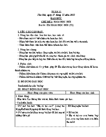 Kế hoạch bài dạy Đạo đức & Tự nhiên và Xã hội Khối 3 - Tuần 12 - Năm học 2023-2024 - Phạm Thị Bích Liễu