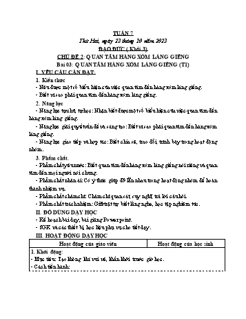 Kế hoạch bài dạy Đạo đức & Tự nhiên và Xã hội Khối 3 - Tuần 7 - Năm học 2023-2024 - Phạm Thị Bích Liễu
