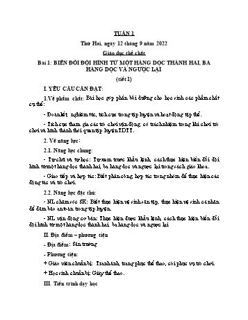 Kế hoạch bài dạy Giáo dục thể chất Lớp 2 (Cánh diều) - Tuần 1. Bài 1: Biến đổi đội hình từ một hàng dọc thành hai, ba hàng dọc và ngược lại - Năm học 2022-2023 - Nguyễn Thị Mơ