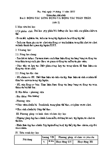 Kế hoạch bài dạy Giáo dục thể chất Lớp 2 (Cánh diều) - Tuần 10. Bài 3: Động tác lưng bụng và động tác toàn thân - Năm học 2022-2023 - Nguyễn Thị Mơ