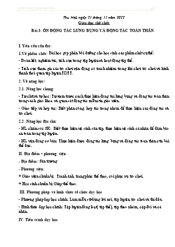 Kế hoạch bài dạy Giáo dục thể chất Lớp 2 (Cánh diều) - Tuần 11. Bài 3: Ôn Động tác lưng bụng và động tác toàn thân - Năm học 2022-2023 - Nguyễn Thị Mơ