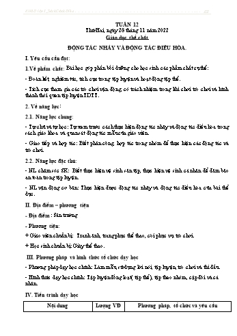 Kế hoạch bài dạy Giáo dục thể chất Lớp 2 (Cánh diều) - Tuần 12: Động tác nhảy và động tác điều hòa - Năm học 2022-2023 - Nguyễn Thị Mơ