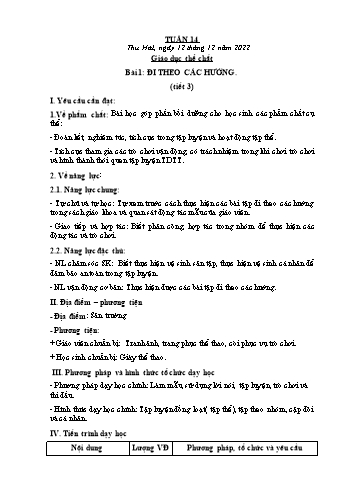 Kế hoạch bài dạy Giáo dục thể chất Lớp 2 (Cánh diều) - Tuần 14. Bài 1: Đi theo các hướng - Năm học 2022-2023 - Nguyễn Thị Mơ
