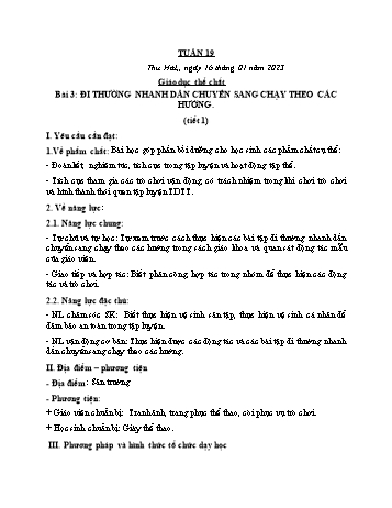 Kế hoạch bài dạy Giáo dục thể chất Lớp 2 (Cánh diều) - Tuần 19. Bài 3: Đi thường nhanh dần chuyển sang chạy theo các hướng - Năm học 2022-2023 - Nguyễn Thị Mơ