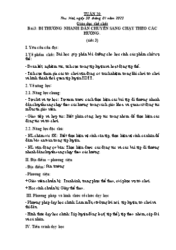 Kế hoạch bài dạy Giáo dục thể chất Lớp 2 (Cánh diều) - Tuần 20. Bài 3: Đi thường nhanh dần chuyển sang chạy theo các hướng - Năm học 2022-2023 - Nguyễn Thị Mơ