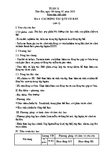 Kế hoạch bài dạy Giáo dục thể chất Lớp 2 (Cánh diều) - Tuần 21. Bài 4: Các động tác quỳ cơ bản - Năm học 2022-2023 - Nguyễn Thị Mơ