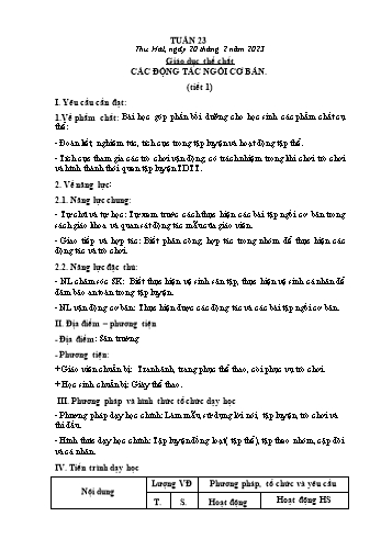 Kế hoạch bài dạy Giáo dục thể chất Lớp 2 (Cánh diều) - Tuần 23: Các động tác ngồi cơ bản - Năm học 2022-2023 - Nguyễn Thị Mơ