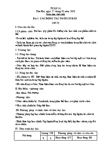 Kế hoạch bài dạy Giáo dục thể chất Lớp 2 (Cánh diều) - Tuần 24. Bài 5: Các động tác ngồi cơ bản - Năm học 2022-2023 - Nguyễn Thị Mơ