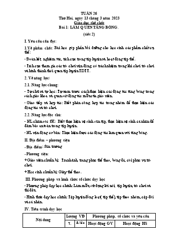 Kế hoạch bài dạy Giáo dục thể chất Lớp 2 (Cánh diều) - Tuần 26. Bài 1: Làm quen tâng bóng - Năm học 2022-2023 - Nguyễn Thị Mơ