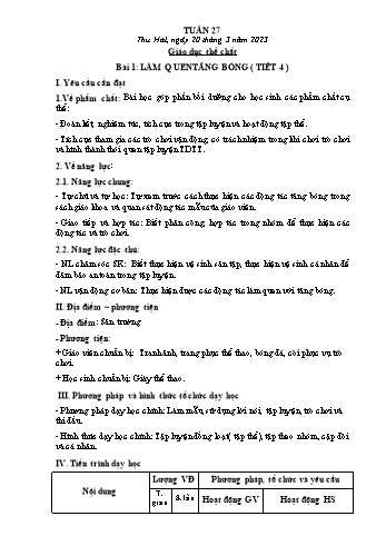 Kế hoạch bài dạy Giáo dục thể chất Lớp 2 (Cánh diều) - Tuần 27. Bài 1: Làm quen tâng bóng - Năm học 2022-2023 - Nguyễn Thị Mơ