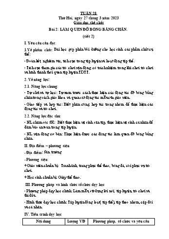 Kế hoạch bài dạy Giáo dục thể chất Lớp 2 (Cánh diều) - Tuần 28. Bài 2: Làm quen đỡ bóng bằng chân - Năm học 2022-2023 - Nguyễn Thị Mơ