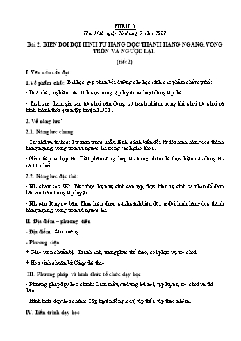 Kế hoạch bài dạy Giáo dục thể chất Lớp 2 (Cánh diều) - Tuần 3. Bài 2: Biến đổi đội hình từ hàng dọc thành hàng ngang, vòng tròn và ngược lại - Năm học 2022-2023 - Nguyễn Thị Mơ