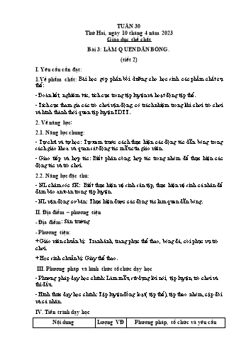 Kế hoạch bài dạy Giáo dục thể chất Lớp 2 (Cánh diều) - Tuần 30. Bài 3: Làm quen dẫn bóng - Năm học 2022-2023 - Nguyễn Thị Mơ