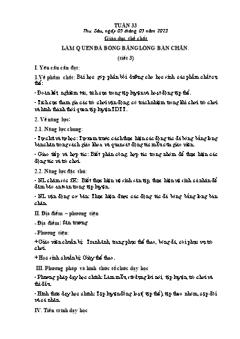 Kế hoạch bài dạy Giáo dục thể chất Lớp 2 (Cánh diều) - Tuần 33. Bài 4: Làm quen đá bóng bằng lòng bằng chân - Năm học 2022-2023 - Nguyễn Thị Mơ