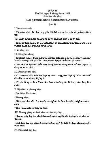 Kế hoạch bài dạy Giáo dục thể chất Lớp 2 (Cánh diều) - Tuần 34. Bài 4: Làm quen đá bóng bằng lòng bằng chân - Năm học 2022-2023 - Nguyễn Thị Mơ
