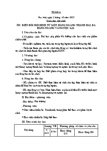 Kế hoạch bài dạy Giáo dục thể chất Lớp 2 (Cánh diều) - Tuần 4: Ôn Biến đổi đội hình từ một hàng ngang thành hai, ba hàng ngang và ngược lại - Năm học 2022-2023 - Nguyễn Thị Mơ