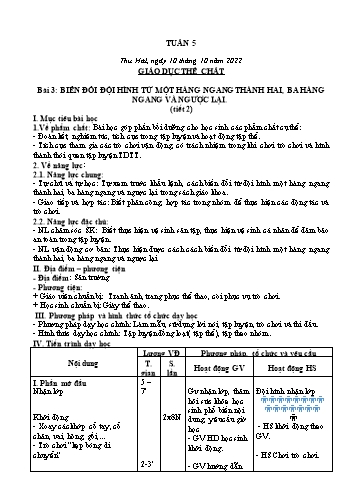 Kế hoạch bài dạy Giáo dục thể chất Lớp 2 (Cánh diều) - Tuần 5. Bài 3: Biến đổi đội hình từ một hàng ngang thành hai, ba hàng ngang và ngược lại - Năm học 2022-2023 - Nguyễn Thị Mơ