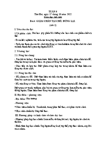 Kế hoạch bài dạy Giáo dục thể chất Lớp 2 (Cánh diều) - Tuần 6. Bài 4: Giậm chân tại chỗ, đứng lại - Năm học 2022-2023 - Nguyễn Thị Mơ