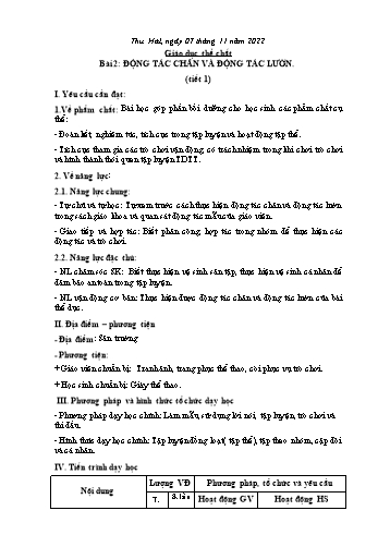 Kế hoạch bài dạy Giáo dục thể chất Lớp 2 (Cánh diều) - Tuần 9. Bài 2: Động tác chân và động tác lườn - Năm học 2022-2023 - Nguyễn Thị Mơ