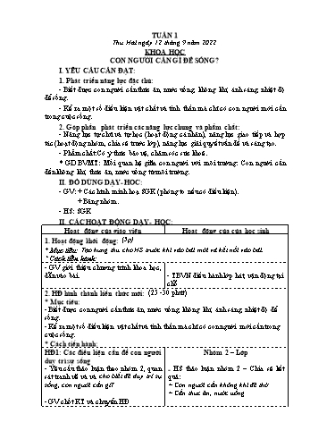 Kế hoạch bài dạy Khoa học & Đạo đức Lớp 4 - Tuần 1 - Năm học 2022-2023 - Phạm Thị Bích Liễu