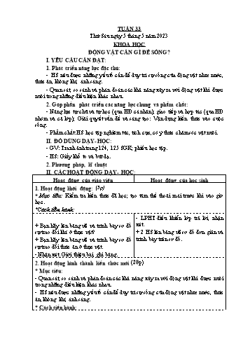 Kế hoạch bài dạy Khoa học Lớp 4 - Tuần 33: Động vật cần gì để sống - Năm học 2022-2023 - Phạm Thị Bích Liễu