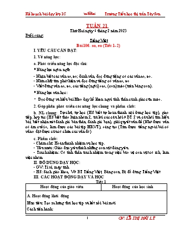 Kế hoạch bài dạy Khối 1 - Tuần 21 - Năm học 2022-2023 - Lê Thị Hải Lý