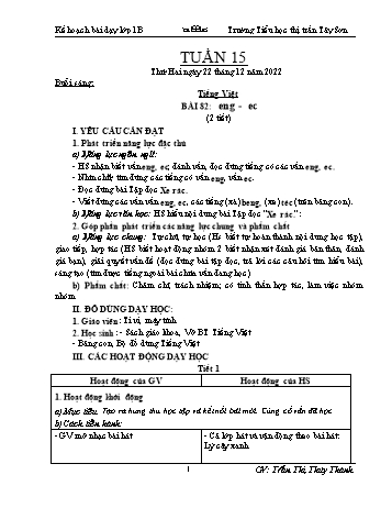 Kế hoạch bài dạy Lớp 1 - Tuần 15 - Năm học 2022-2023 - Trần Thị Thúy Thành