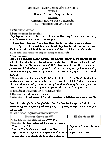 Kế hoạch bài dạy Mĩ thuật & Hoạt động trải nghiệm Lớp 1 đến Lớp 5 - Tuần 1 - Năm học 2023-2024 - Trịnh Thị Tố Như