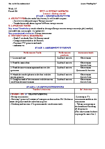 Kế hoạch bài dạy môn Tiếng Anh 7 - Unit 10: Energy sources - Trường THCS Tân An Hội