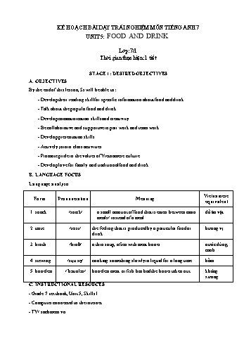 Kế hoạch bài dạy môn Tiếng Anh 7 - Unit 5: Food and drink - Năm học 2023-2024