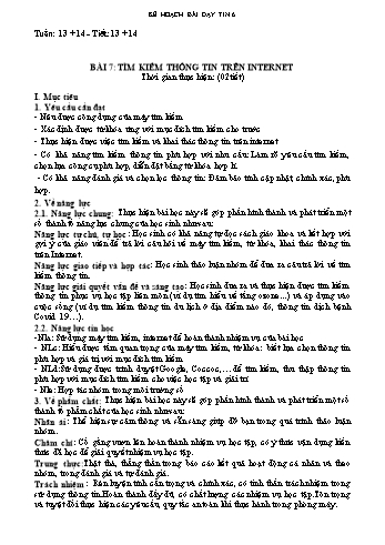 Kế hoạch bài dạy môn Tin học 6 Sách Kết nối tri thức - Tuần 13 + 14. Tiết 13, 14. Bài 7: Tìm kiếm thông tin trên Internet