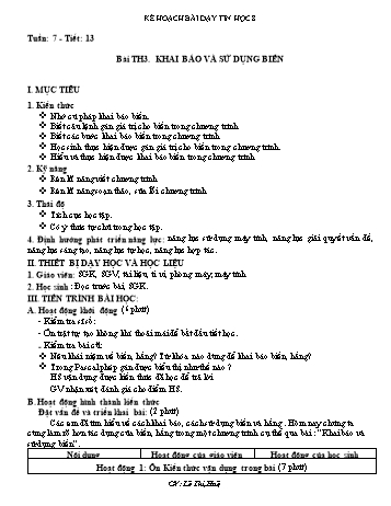 Kế hoạch bài dạy môn Tin học 8 - Tuần 7: Bài thực hành 3: Khai báo và sự dụng biến - Lê Thị Huệ